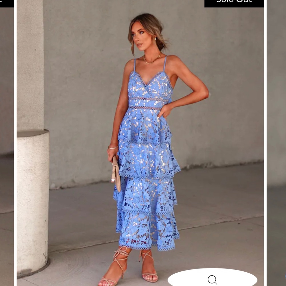 VICI CROCHET FLORAL MIDI DRESS - DUSTY BLUE